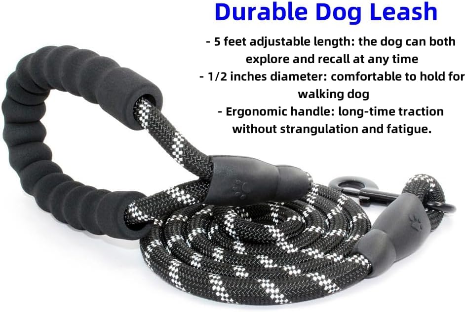 5FT Strong Nylon Dog Leash with Comfortable Padded Handle and Highly Reflective Threads for Medium and Large Dogs