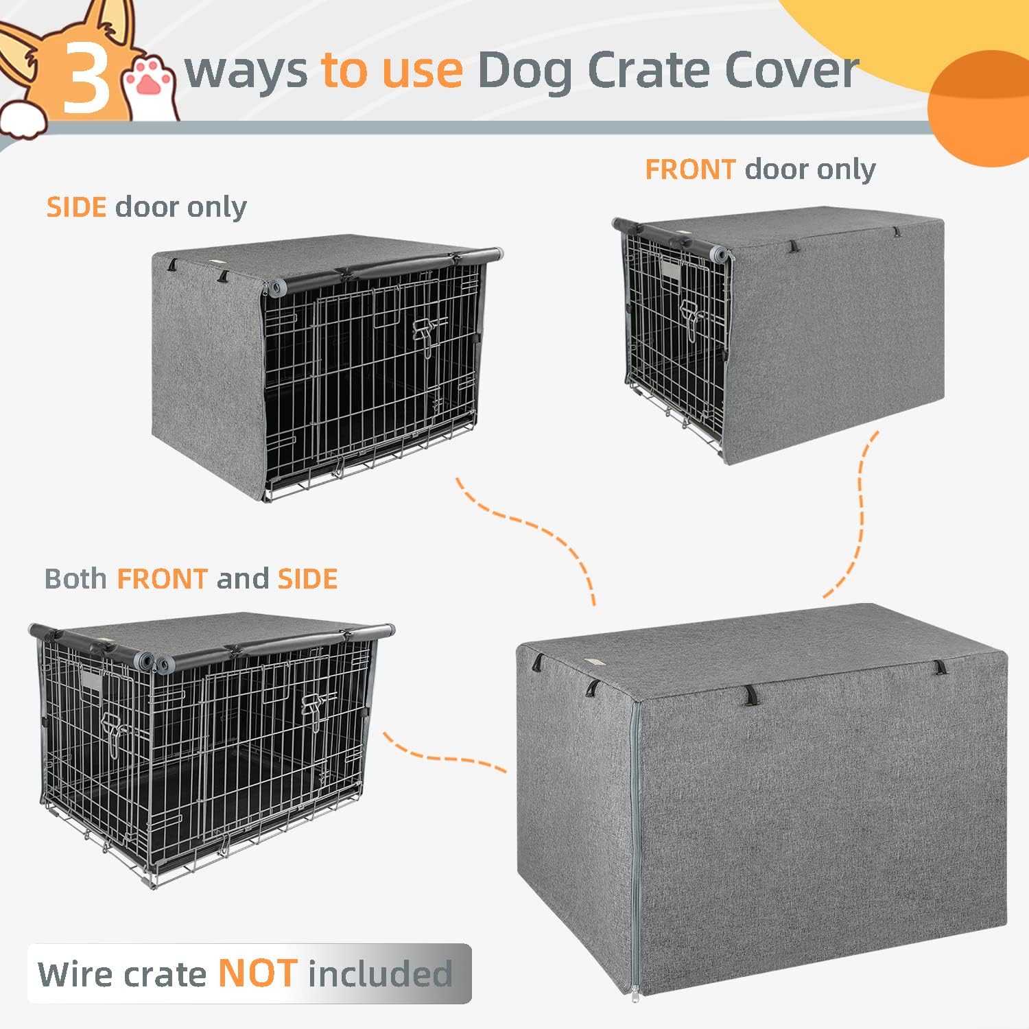 Dog Crate Cover - Kennel Covers Fit for 48 Inch Dogs Crate, Double Door Polyester for Wire Puppy Cage Indoor Outdoor Protection, Grey